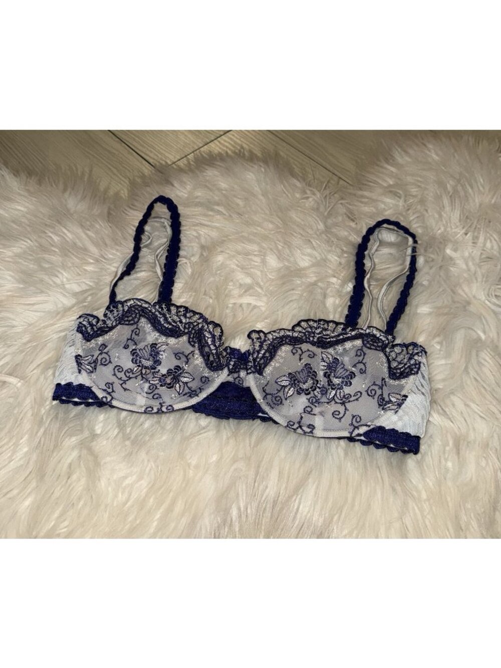 Pfiff Embroidered Mesh Lace Balconette Bra Sheer Unlined UW Womens 34D Blue